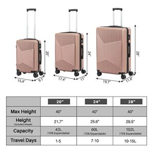 VLIVE 3 Pieces Luggage Set for Women, Expandable Luggage Set with TSA Lock, Suitcase with Wheel Set (Rose Gold)