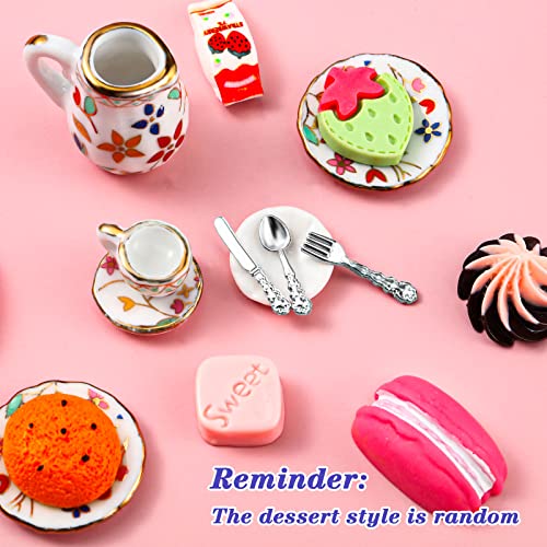 41 Pieces 1:12 Scale Miniatures Dollhouse Kitchen Accessories 15 Porcelain Tea Cup 16 Mini Doll Plate Knife Fork Spoon 10 Miniature Decor Dessert Pastry Cake Table Decor for Cook Party (Chic Style)