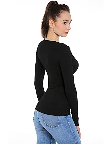 AmélieBoutik Women V Neck Crossover Buckle Long Sleeve Pullover Sweater (Black Medium)