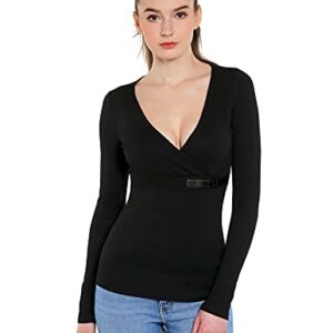 AmélieBoutik Women V Neck Crossover Buckle Long Sleeve Pullover Sweater (Black Medium)