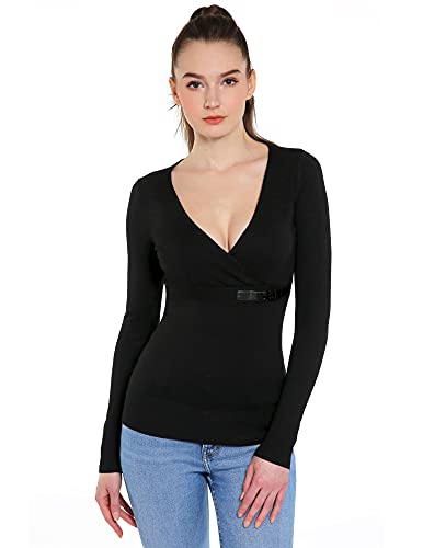 AmélieBoutik Women V Neck Crossover Buckle Long Sleeve Pullover Sweater (Black Medium)