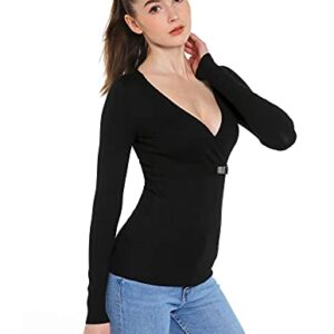 AmélieBoutik Women V Neck Crossover Buckle Long Sleeve Pullover Sweater (Black Medium)