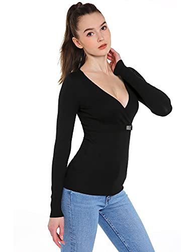 AmélieBoutik Women V Neck Crossover Buckle Long Sleeve Pullover Sweater (Black Medium)