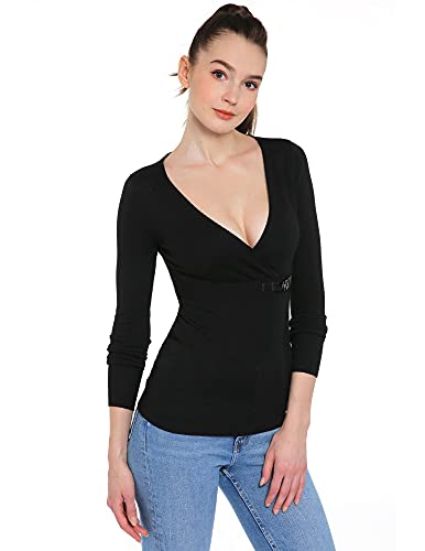 AmélieBoutik Women V Neck Crossover Buckle Long Sleeve Pullover Sweater (Black Medium)