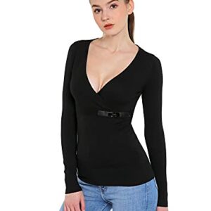 AmélieBoutik Women V Neck Crossover Buckle Long Sleeve Pullover Sweater (Black Medium)