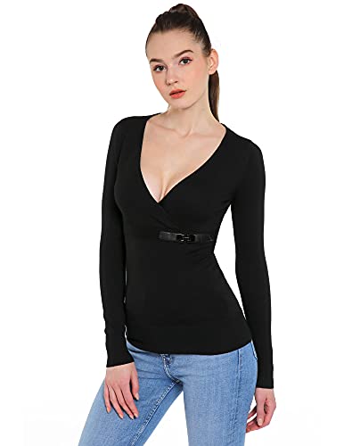 AmélieBoutik Women V Neck Crossover Buckle Long Sleeve Pullover Sweater (Black Medium)