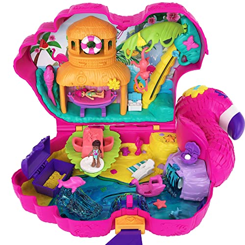 Polly Pocket Travel Toy, Flamingo Party Playset with 2 Micro Dolls and 26 Surprise Accessories, Animal Toy Compact