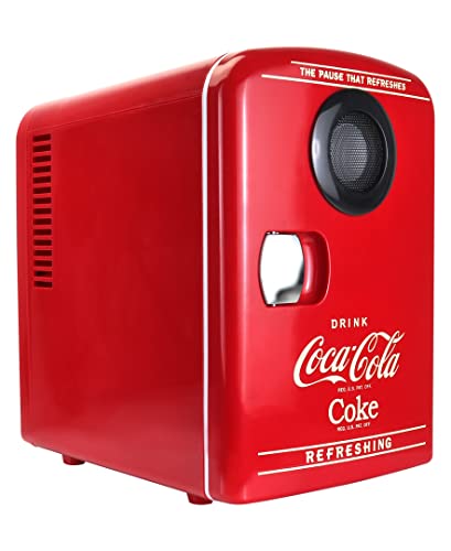 Coca-Cola Bluetooth Speaker Mini Portable Fridge, Compact Personal Cooler Warmer, 12V DC/110V AC for Home, Dorm, Car, Skincare, Cosmetics, Medication, Red
