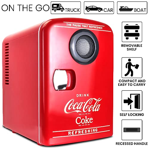 Coca-Cola Bluetooth Speaker Mini Portable Fridge, Compact Personal Cooler Warmer, 12V DC/110V AC for Home, Dorm, Car, Skincare, Cosmetics, Medication, Red