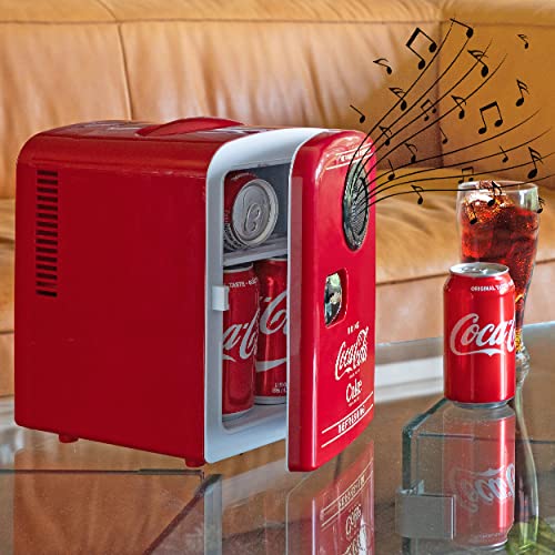 Coca-Cola Bluetooth Speaker Mini Portable Fridge, Compact Personal Cooler Warmer, 12V DC/110V AC for Home, Dorm, Car, Skincare, Cosmetics, Medication, Red