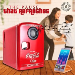 Coca-Cola Bluetooth Speaker Mini Portable Fridge, Compact Personal Cooler Warmer, 12V DC/110V AC for Home, Dorm, Car, Skincare, Cosmetics, Medication, Red