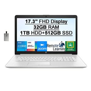 hp 2022 17.3 fhd laptop computer, intel core i5-1135g7 processor(> i7-1065g7), 32gb ram, 1tb hdd+512gb pcie ssd, backlit keyboard, iris xe graphics, hd webcam, win 10, silver, 32gb snowbell usb card