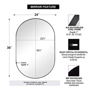 ANDY STAR Black Oval Mirror, 24x36 Oval Black Mirror in Stainless Steel Metal Frame for Bathroom, Entryway, Living Room, Contemporary 1" Deep Set Design Wall Mount Hangs Vertical or Horizontal