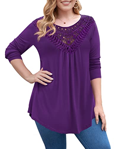 a.Jesdani Plus Size Tops for Womens Tops Womens Long Sleeve Tops Casual Tunic Lace Top Purple, 4x