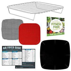 air fryer accessories with rack, reusable mats and cheat sheet guides compatible with gowise, chefman, cosori, powerxl, nuwave®, gourmia + more - stainless steel air fryer rack, square 8.7 inches