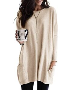 senserise womens long sleeve long tunic tops for leggings with pockets plus size casual long t shrits(01-beige,m)