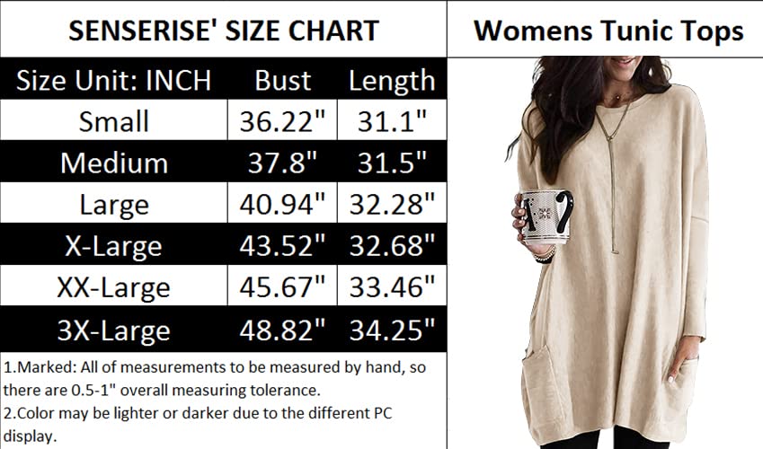 SENSERISE Womens Long Sleeve Long Tunic Tops for Leggings with Pockets Plus Size Casual Long T Shrits(01-Beige,M)