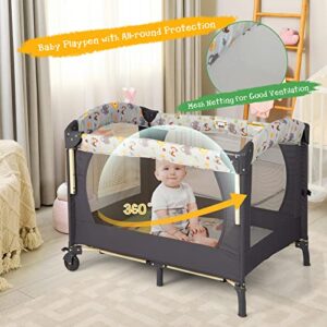 HONEY JOY Pack and Play, 4 in 1 Baby Bedside Sleeper w/Diaper Changing Table & Storage Bag, Toy Rack & Music Box, Portable Baby Playard with Bassinet, Carry Bag for Newborn to Toddlers (Gray)