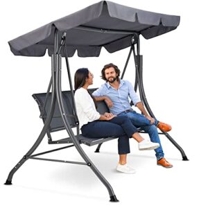 Zupapa Outdoor Patio Swing Chair w/Textilene Breathable 3-Person Armrest Seat, Canopy Porch Swing w/Adjustable Shading, Heavy-Duty Powder-Coated Swing Sets for Backyard, Poolside, Balcony - Gray