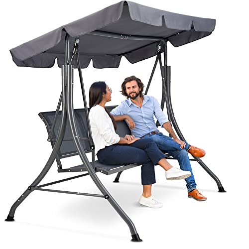 Zupapa Outdoor Patio Swing Chair w/Textilene Breathable 3-Person Armrest Seat, Canopy Porch Swing w/Adjustable Shading, Heavy-Duty Powder-Coated Swing Sets for Backyard, Poolside, Balcony - Gray