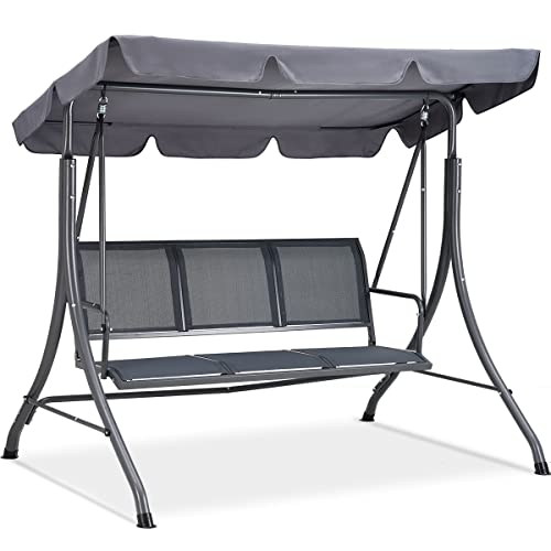 Zupapa Outdoor Patio Swing Chair w/Textilene Breathable 3-Person Armrest Seat, Canopy Porch Swing w/Adjustable Shading, Heavy-Duty Powder-Coated Swing Sets for Backyard, Poolside, Balcony - Gray