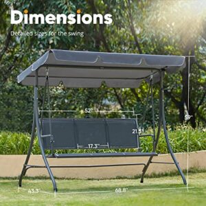 Zupapa Outdoor Patio Swing Chair w/Textilene Breathable 3-Person Armrest Seat, Canopy Porch Swing w/Adjustable Shading, Heavy-Duty Powder-Coated Swing Sets for Backyard, Poolside, Balcony - Gray