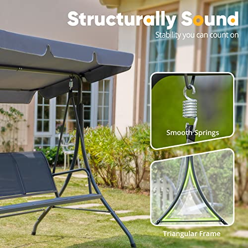 Zupapa Outdoor Patio Swing Chair w/Textilene Breathable 3-Person Armrest Seat, Canopy Porch Swing w/Adjustable Shading, Heavy-Duty Powder-Coated Swing Sets for Backyard, Poolside, Balcony - Gray