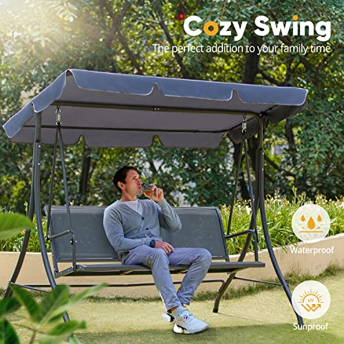 Zupapa Outdoor Patio Swing Chair w/Textilene Breathable 3-Person Armrest Seat, Canopy Porch Swing w/Adjustable Shading, Heavy-Duty Powder-Coated Swing Sets for Backyard, Poolside, Balcony - Gray