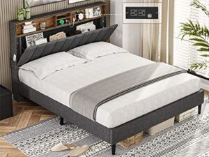 adorneve queen bed frame with stoarge headboard, usb ports & outlets, platform bed frame queen size with height adjustable headboard, easy assembly, noise-free, dark grey