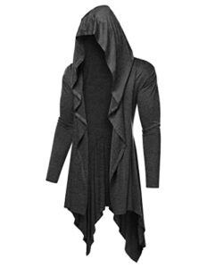 coofandy men's long hooded cardigan ruffle shawl collar open front lightweight drape cape overcoat with pockets dark grey