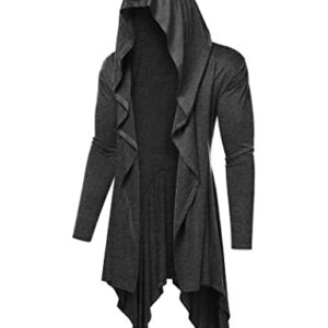 COOFANDY Men's Long Hooded Cardigan Ruffle Shawl Collar Open Front Lightweight Drape Cape Overcoat with Pockets Dark Grey