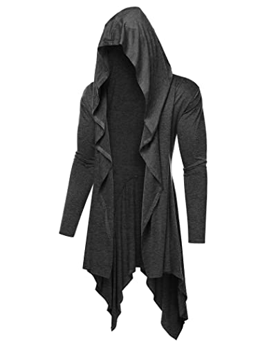 COOFANDY Men's Long Hooded Cardigan Ruffle Shawl Collar Open Front Lightweight Drape Cape Overcoat with Pockets Dark Grey