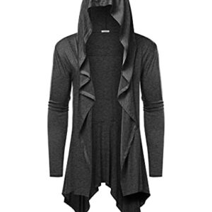 COOFANDY Men's Long Hooded Cardigan Ruffle Shawl Collar Open Front Lightweight Drape Cape Overcoat with Pockets Dark Grey