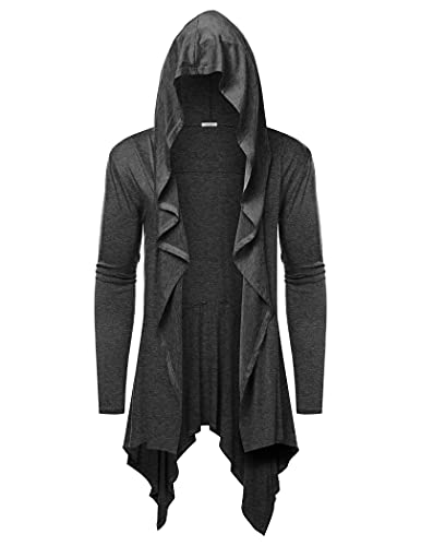 COOFANDY Men's Long Hooded Cardigan Ruffle Shawl Collar Open Front Lightweight Drape Cape Overcoat with Pockets Dark Grey