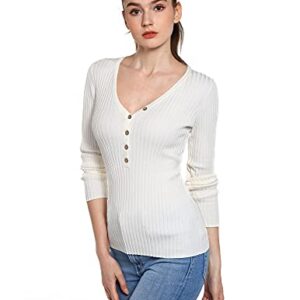 AmélieBoutik Women V Neck Henley Long Sleeve Pullover Ribbed Sweater (Ivory Large)