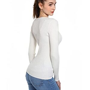 AmélieBoutik Women V Neck Henley Long Sleeve Pullover Ribbed Sweater (Ivory Large)