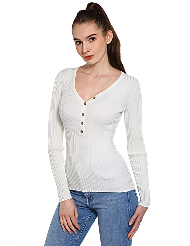 AmélieBoutik Women V Neck Henley Long Sleeve Pullover Ribbed Sweater (Ivory Large)