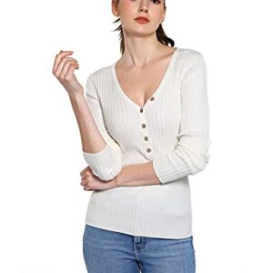 AmélieBoutik Women V Neck Henley Long Sleeve Pullover Ribbed Sweater (Ivory Large)