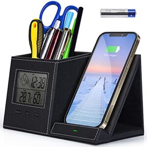 pen holder, pen organizer for desk with wireless charger, digital indoor thermometer and humidity gauge, desk organizers and storage, multifunctional home office organizers for desk (battery included)