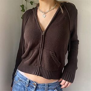 Yuemengxuan Women Zip Up Hoodie Y2k Vintage Long Sleeve Knitted Sweatshirt 90s Solid Color crop top Coat Jacket Streetwear (Brown, M)