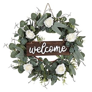 adeeing artificial eucalyptus wreath for front door 20 inch green leaves welcome wreath with wood sign rose flower farmhouse wreath for window wall party home decoration