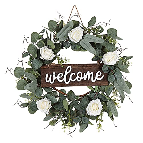 Adeeing Artificial Eucalyptus Wreath for Front Door 20 Inch Green Leaves Welcome Wreath with Wood Sign Rose Flower Farmhouse Wreath for Window Wall Party Home Decoration