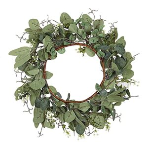 Adeeing Artificial Eucalyptus Wreath for Front Door 20 Inch Green Leaves Welcome Wreath with Wood Sign Rose Flower Farmhouse Wreath for Window Wall Party Home Decoration