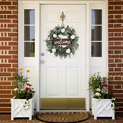 Adeeing Artificial Eucalyptus Wreath for Front Door 20 Inch Green Leaves Welcome Wreath with Wood Sign Rose Flower Farmhouse Wreath for Window Wall Party Home Decoration