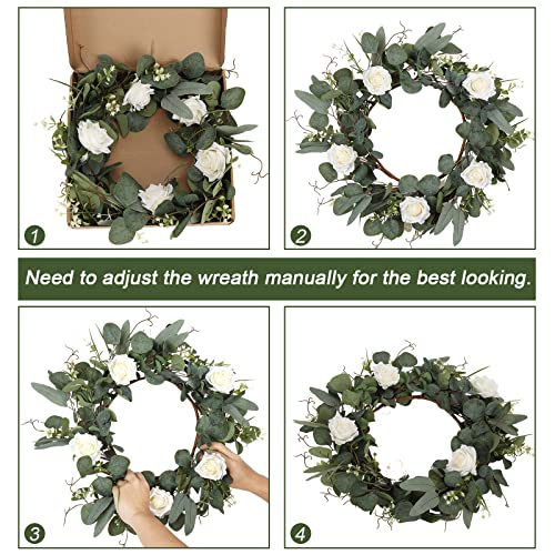 Adeeing Artificial Eucalyptus Wreath for Front Door 20 Inch Green Leaves Welcome Wreath with Wood Sign Rose Flower Farmhouse Wreath for Window Wall Party Home Decoration