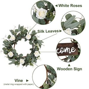 Adeeing Artificial Eucalyptus Wreath for Front Door 20 Inch Green Leaves Welcome Wreath with Wood Sign Rose Flower Farmhouse Wreath for Window Wall Party Home Decoration