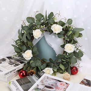 Adeeing Artificial Eucalyptus Wreath for Front Door 20 Inch Green Leaves Welcome Wreath with Wood Sign Rose Flower Farmhouse Wreath for Window Wall Party Home Decoration