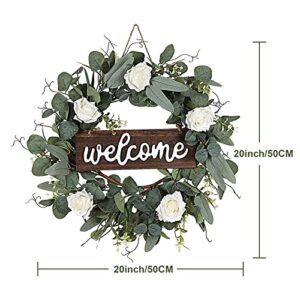 Adeeing Artificial Eucalyptus Wreath for Front Door 20 Inch Green Leaves Welcome Wreath with Wood Sign Rose Flower Farmhouse Wreath for Window Wall Party Home Decoration