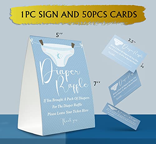 Diaper Raffle Sign,Diaper Raffle Baby Shower Game Kit (1 Standing Sign + 50 Guessing Cards),Blue Diapers Insert Ticket,Baby Showers Decorations,Card for Baby Shower Game to Bring a Pack of Diapers-XN02