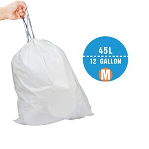 Code M 200 Count 12 Gallon 45 Liter Trash Bags Compatible with simplehuman Code M, White Drawstring Garbage Liners